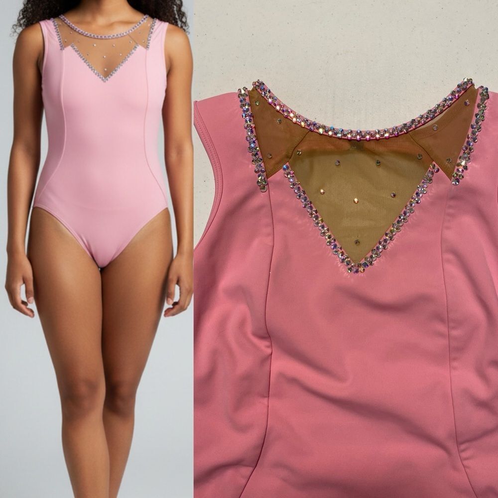 Five 5 Dance costume solo pink mesh leotard custom rhinestoned SA-Small adult